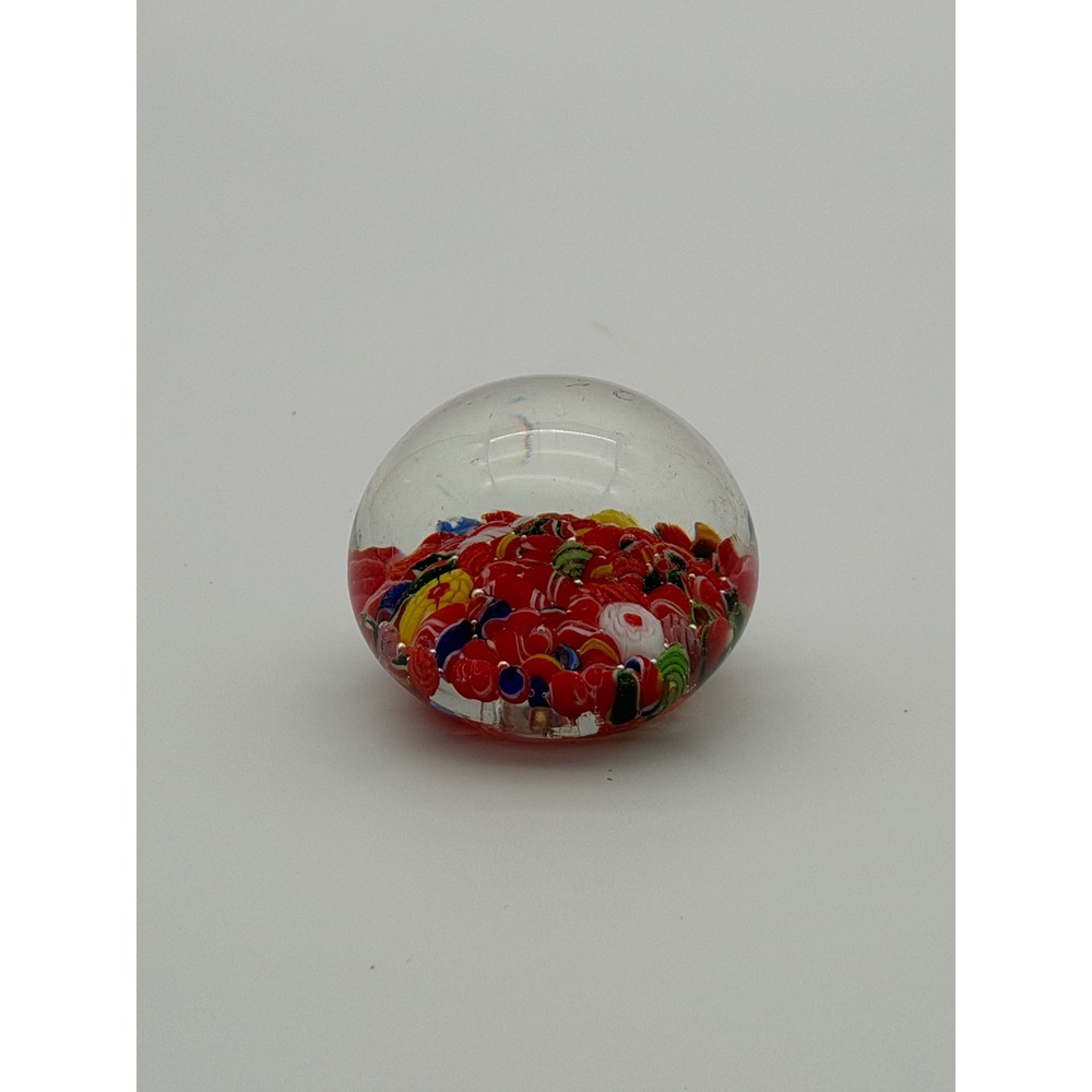 Vintage Millefiori Art Glass Paperweight Red Floral Murano Style 2.25 Inch Orb